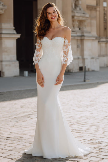 White Mermaid Off The Shoulder Wedding Dress With Lace